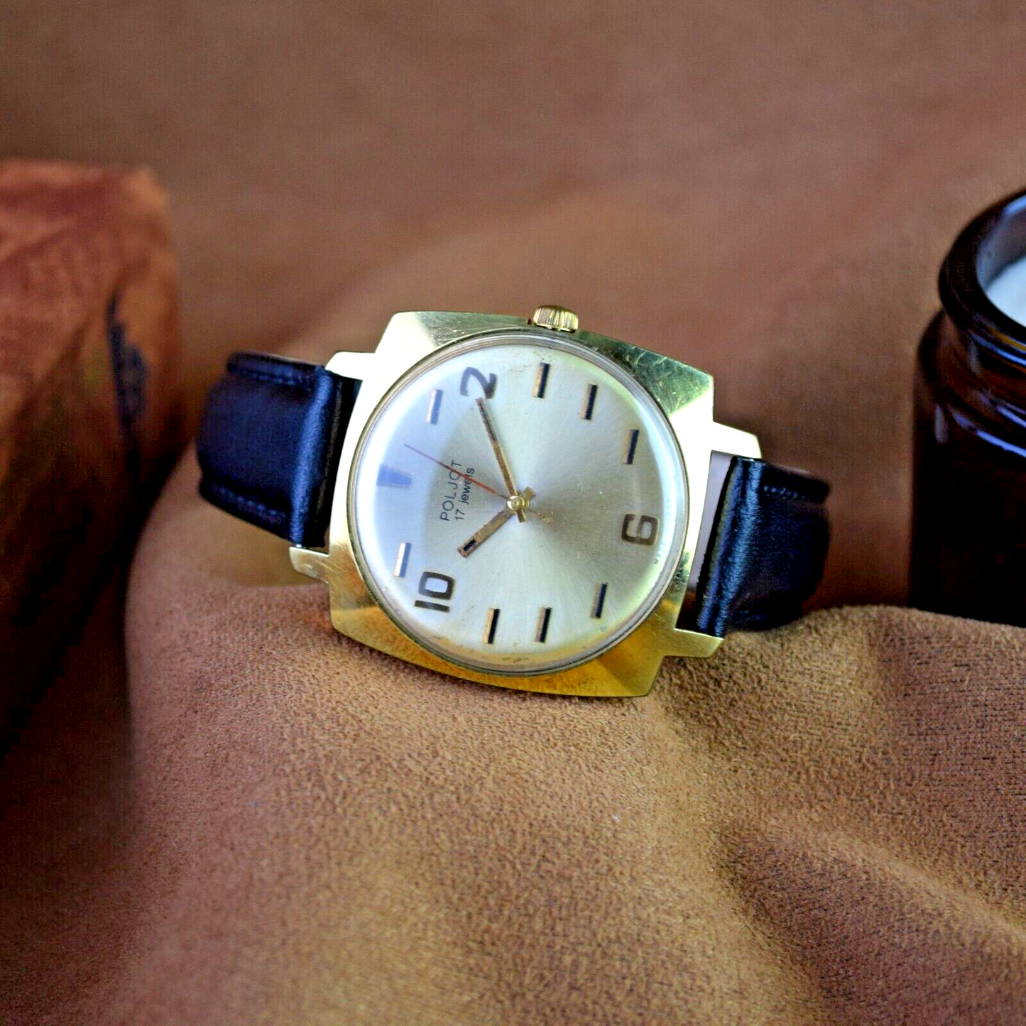 Soviet Wristwatch POLJOT 17 Jewels Mechanical Mens Watch Gold Dial USSR Vintage