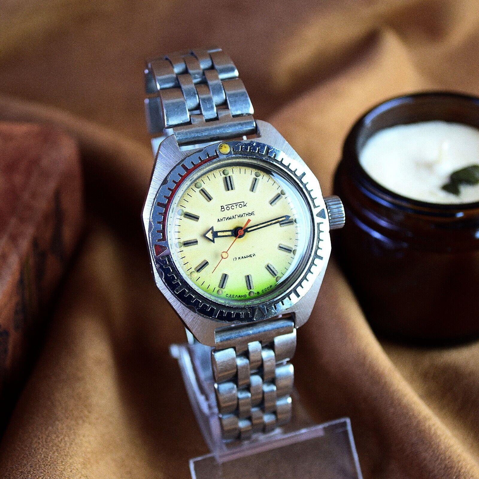 Soviet Wristwatch VOSTOK AMPHIBIAN Diver VINTAGE WATCH Beige Dial USSR Watch
