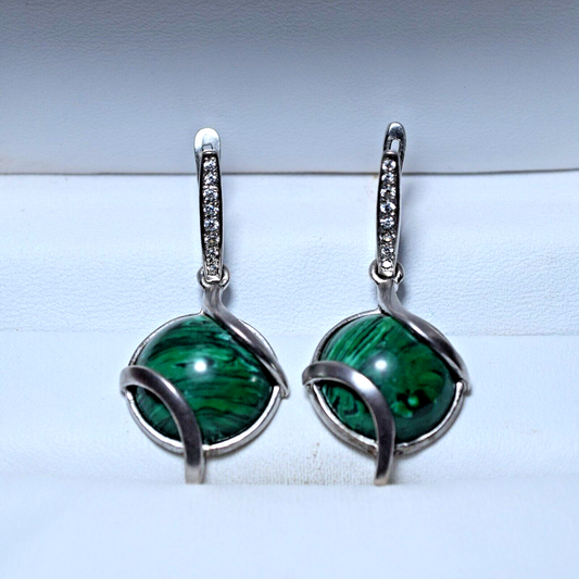 RARE Soviet Silver EARRINGS 925 With Malachite Weigt 7.97g Antique USSR EARRINGS