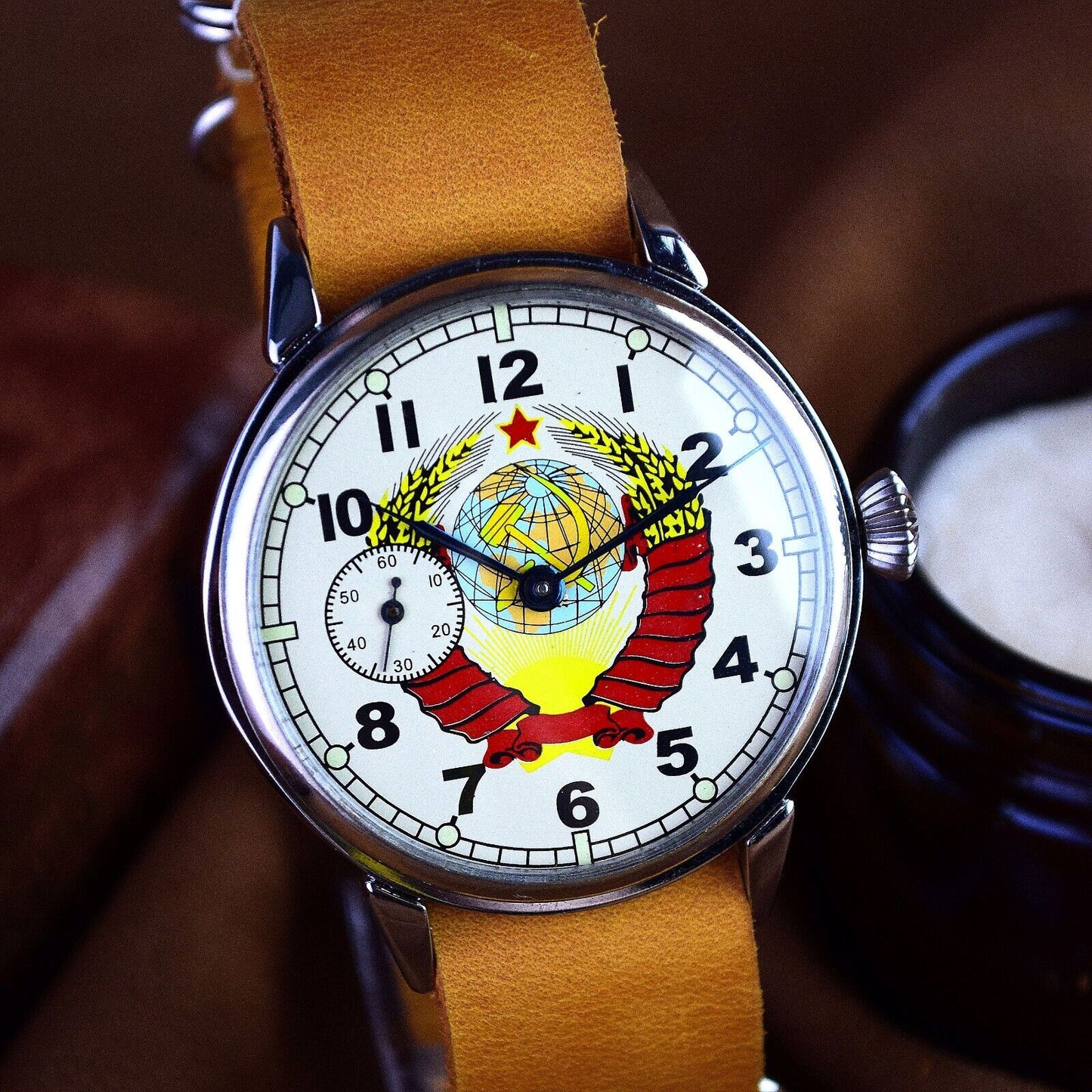 VINTAGE Wristwatch Marriage Original Emblem USSR Military Watch Leather Band