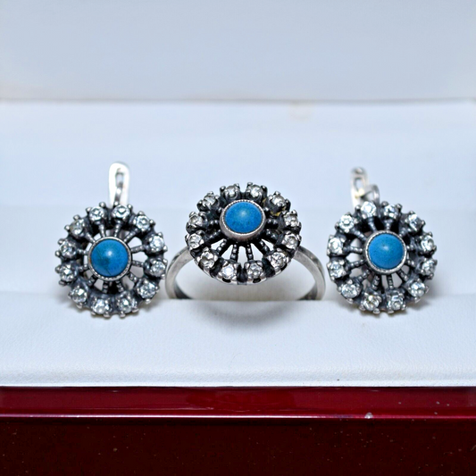 RARE Soviet Silver Jewelry Set Earrings and Ring With Turquoise Weigt 11.57g