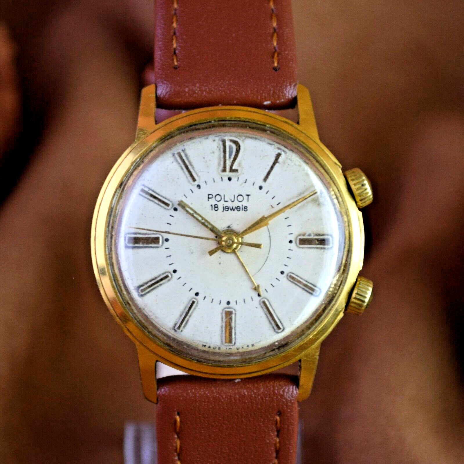 Soviet Wristwatch POLJOT Alarm Vintage Signal Mens USSR Mechanical Watch Soviet - Vintagecoua