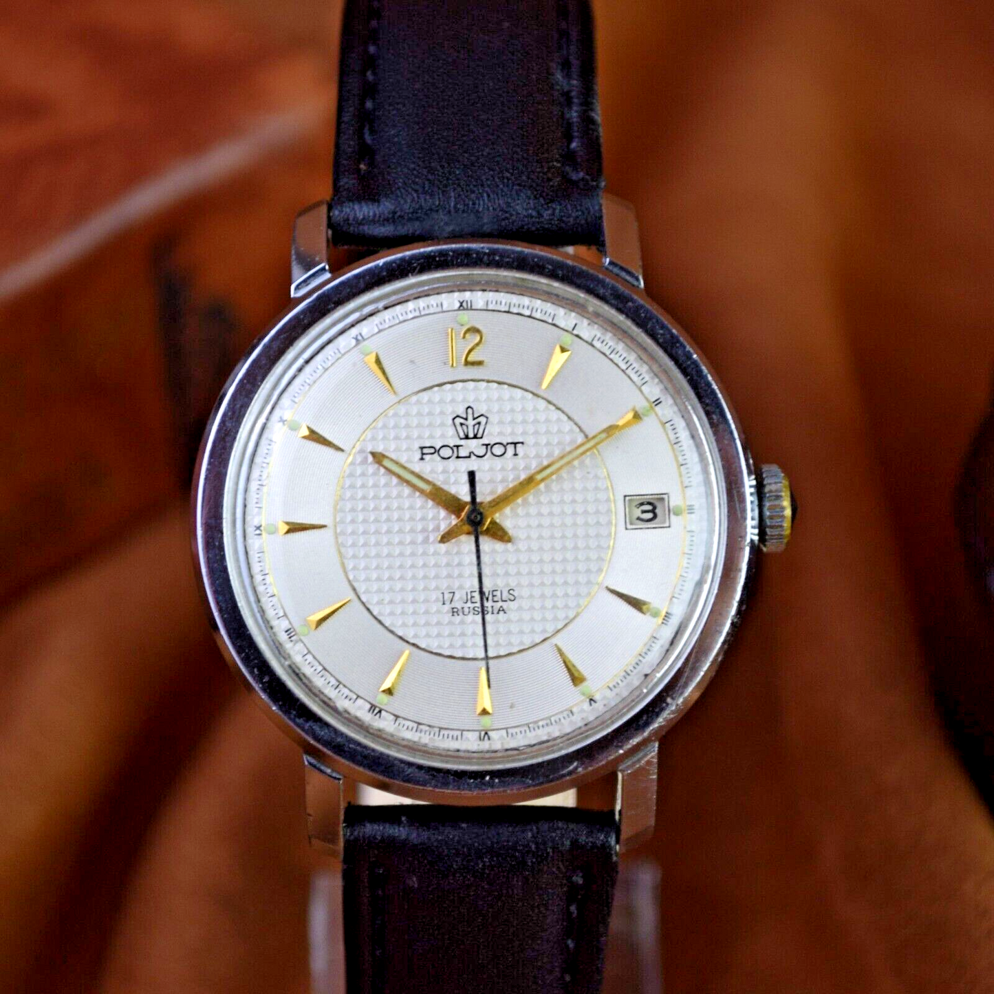 Soviet Wristwatch POLJOT 17 Jewels Mechanical Mens Watch White Dial USSR Vintage